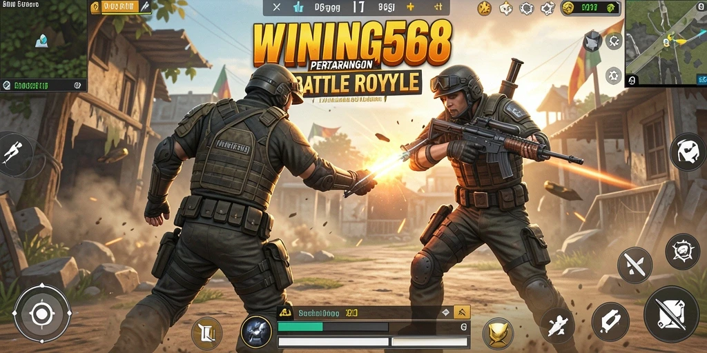 Tangkapan layar utama WINNING568 menampilkan aksi seru di medan perang Battle Royale.